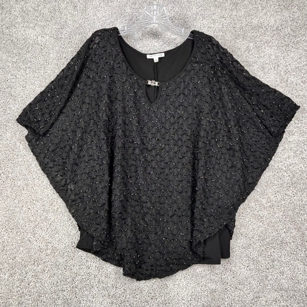 Notations Woman Black Glitter Textured Poncho Blouse Rhinestone Keyhole 1X